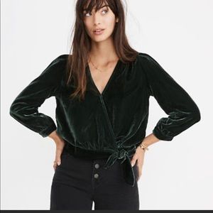 madewell velvet cropped wrap top XS green